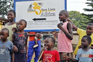 Hives Save Lives sign with neighbours.